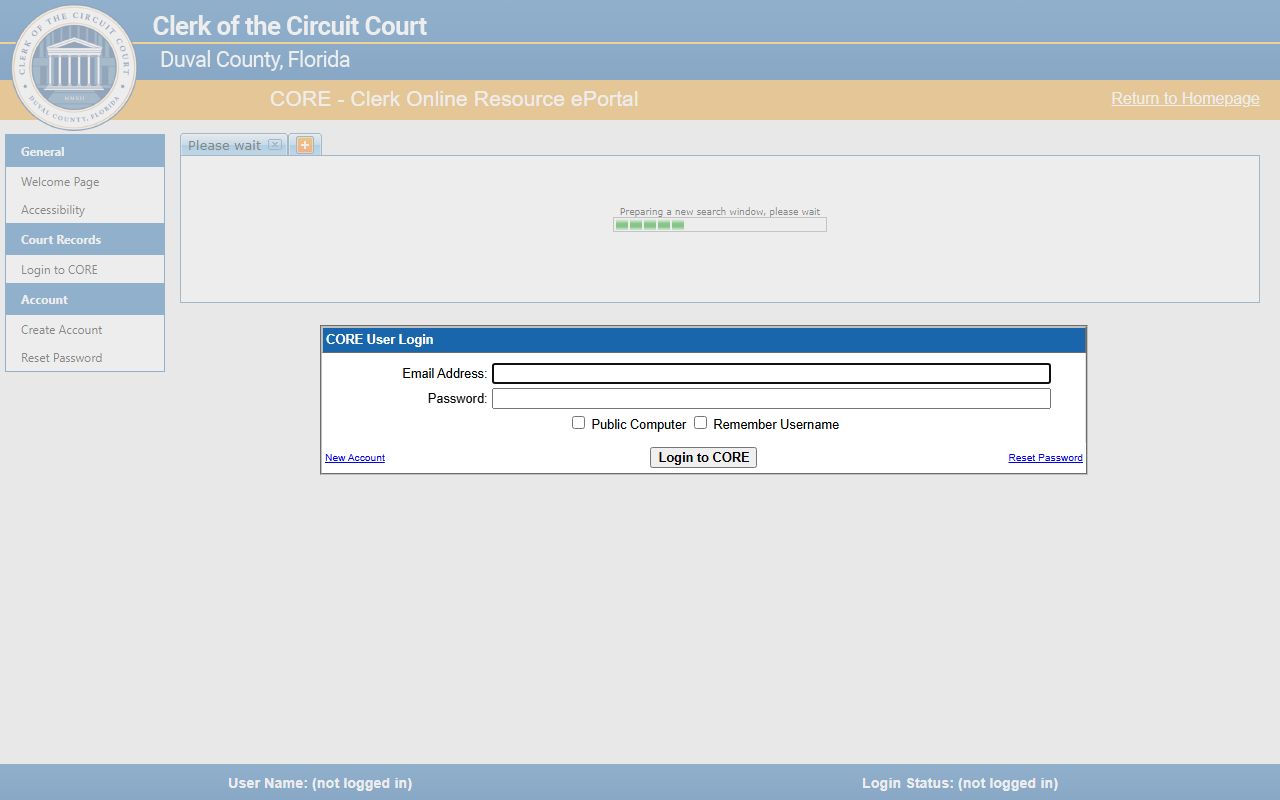 Duval County court dockets portal CORE sign-in shell