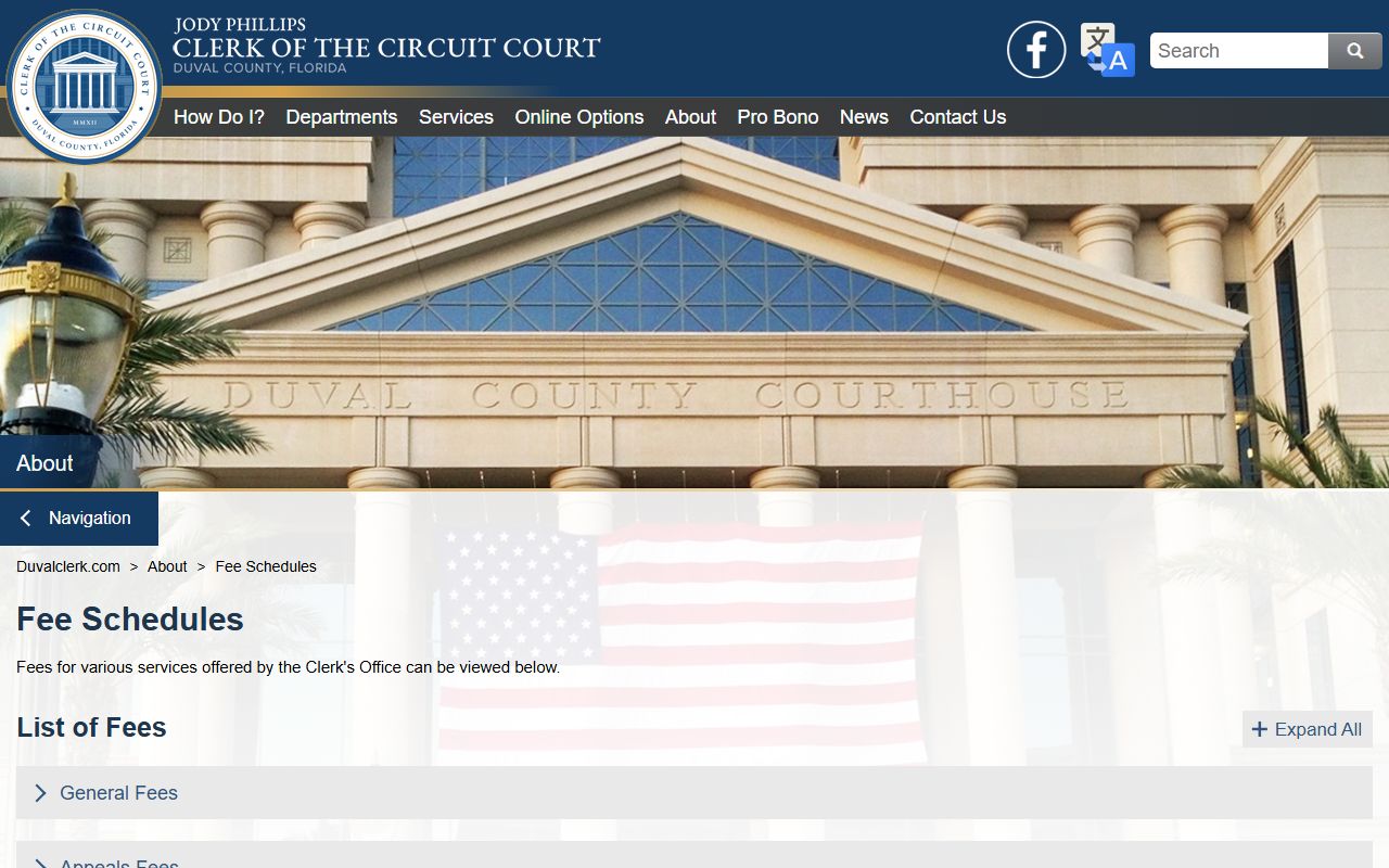 Duval County Clerk fee schedule covering certified copies and search fees