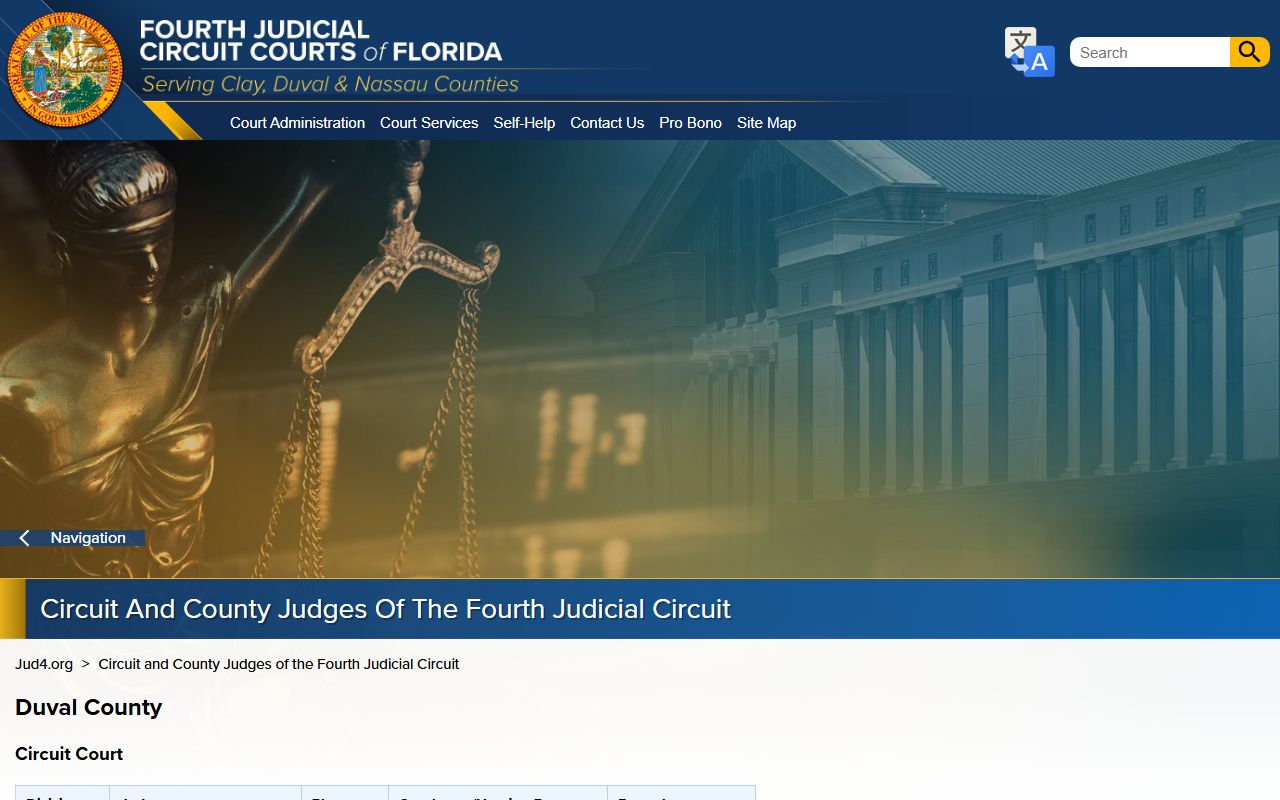Duval County judges list from Fourth Judicial Circuit with county and circuit divisions