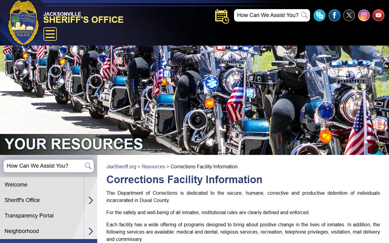 Duval County JSO corrections page describing inmate records and jail services