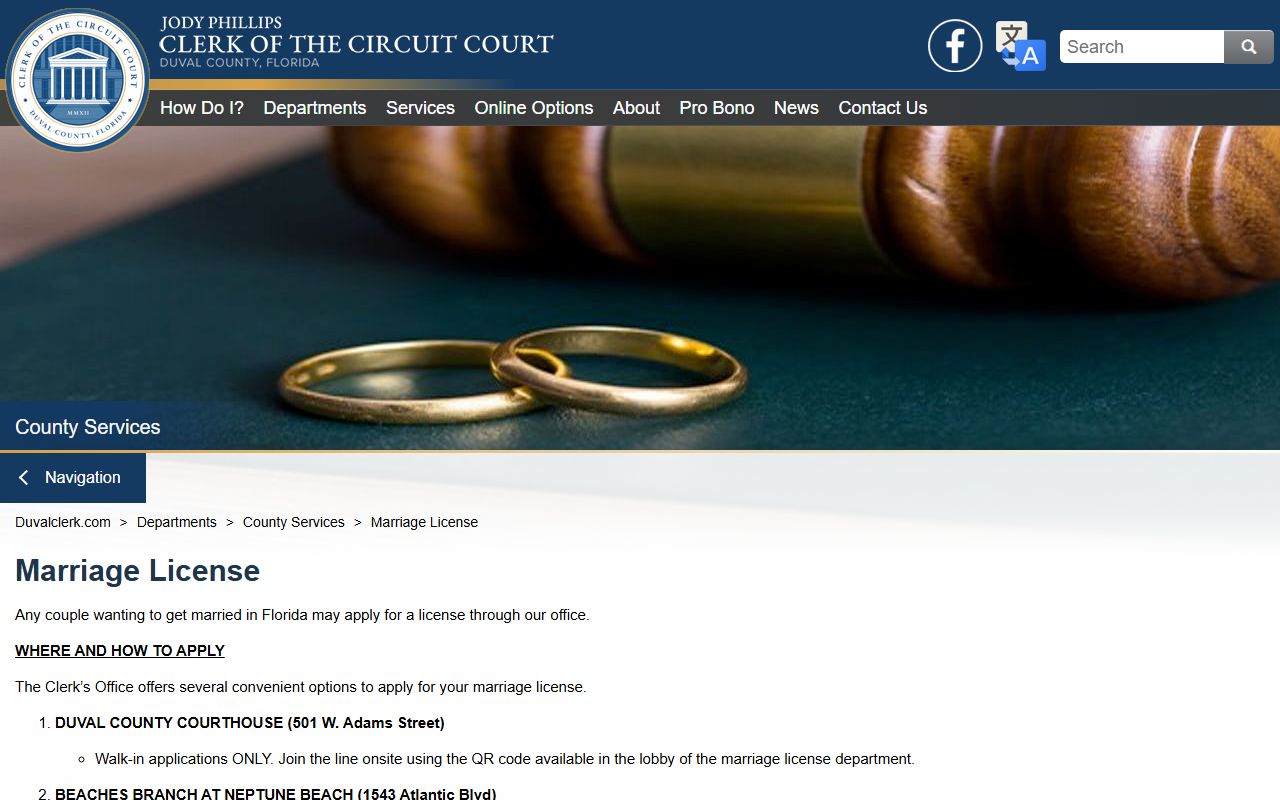 Duval County marriage license requirements and fees from the Clerk page