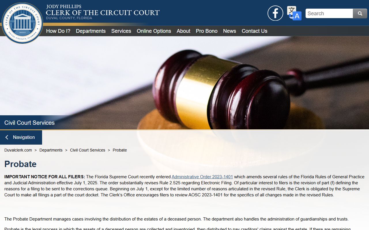 Duval County Probate Department page with probate fees and FAQ