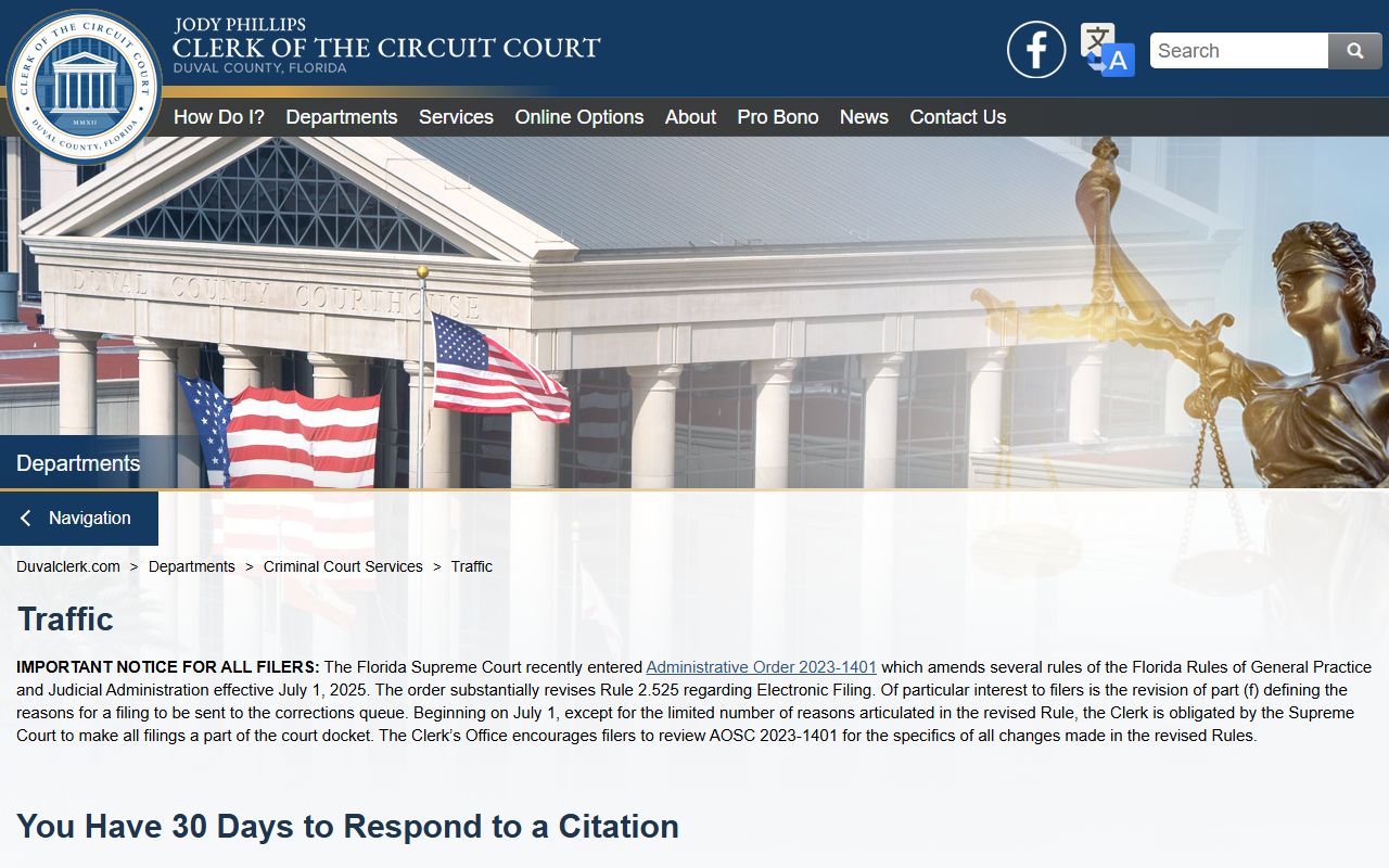 Duval County traffic options page with payment, school election, and extension details