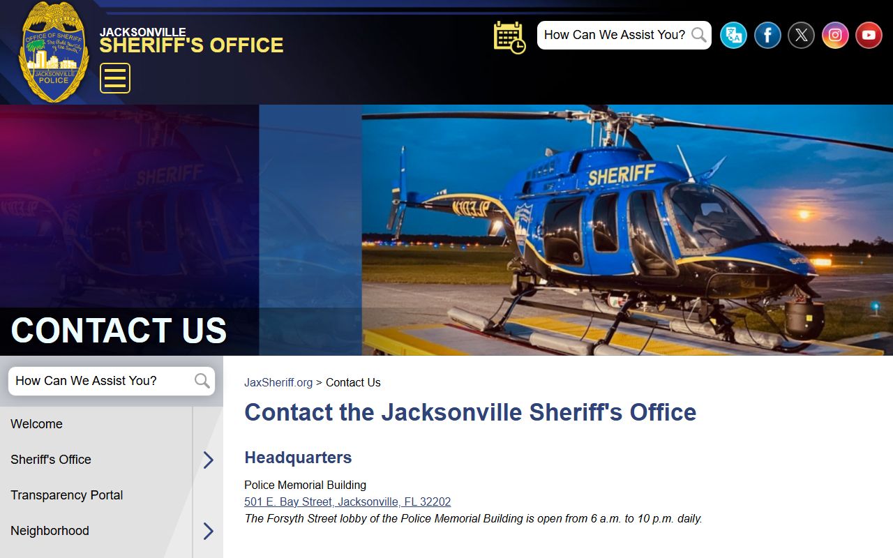 Duval County JSO contact page for jail and inmate population information