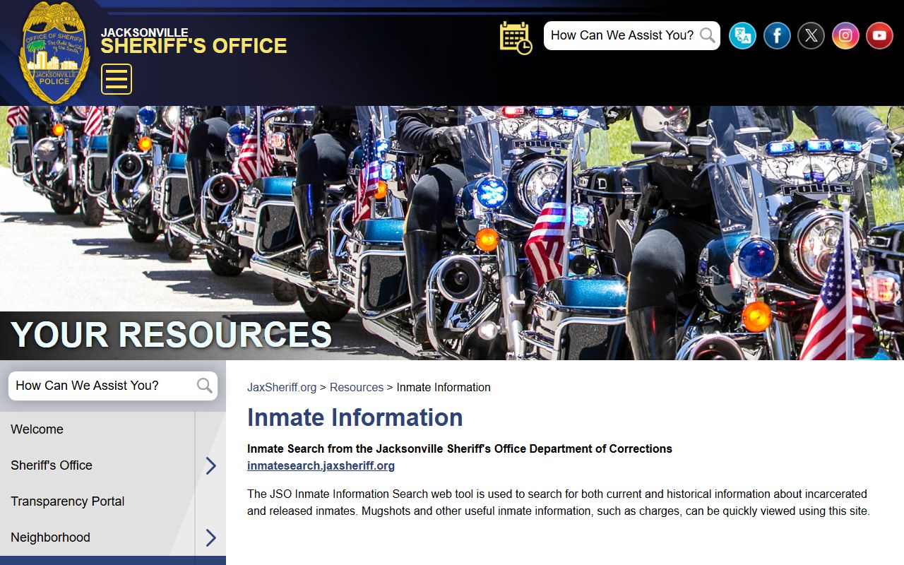 Duval County JSO inmate information page linking to inmate records and search tools