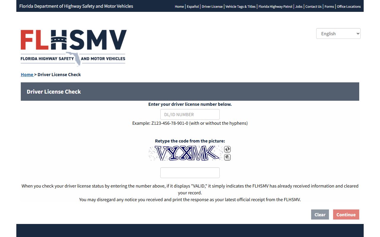 Florida FLHSMV Driver License Check tool for Duval County drivers