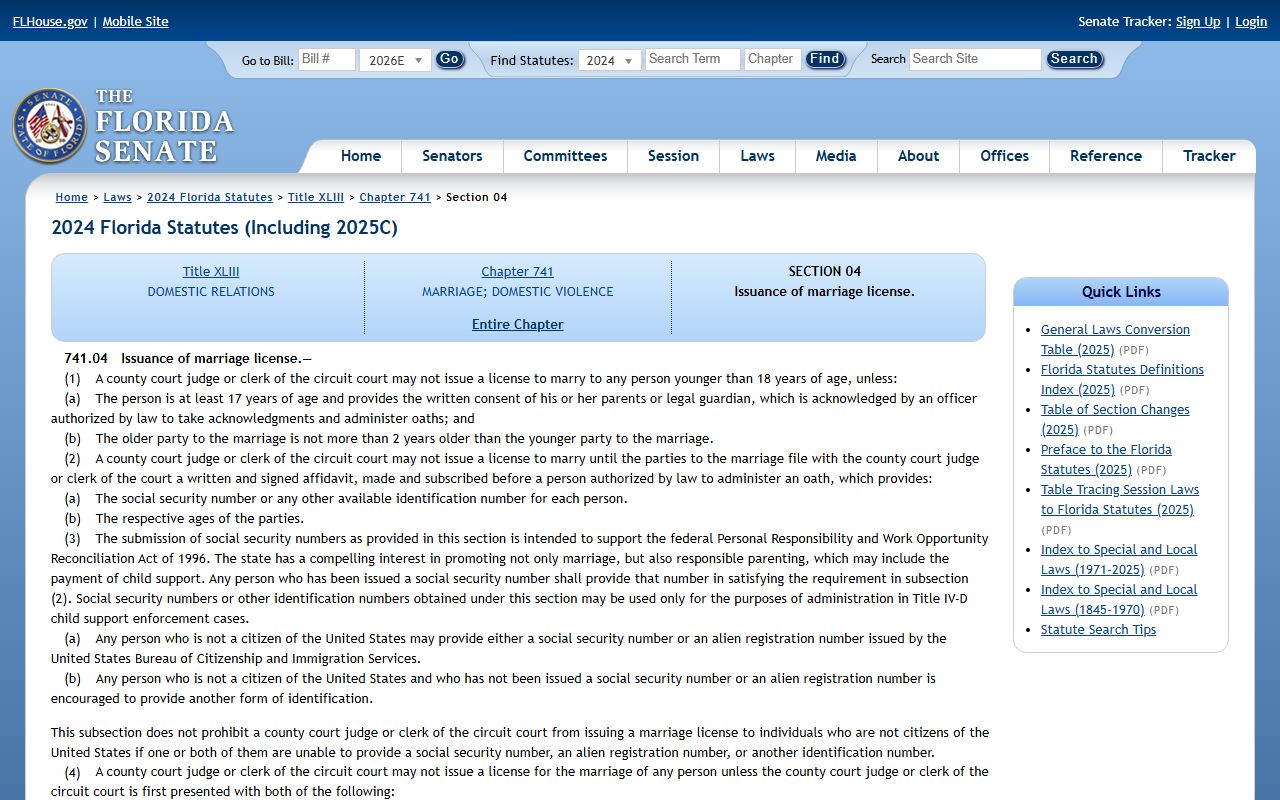 Florida Statutes 741.04 marriage license issuance for Duval County marriage records