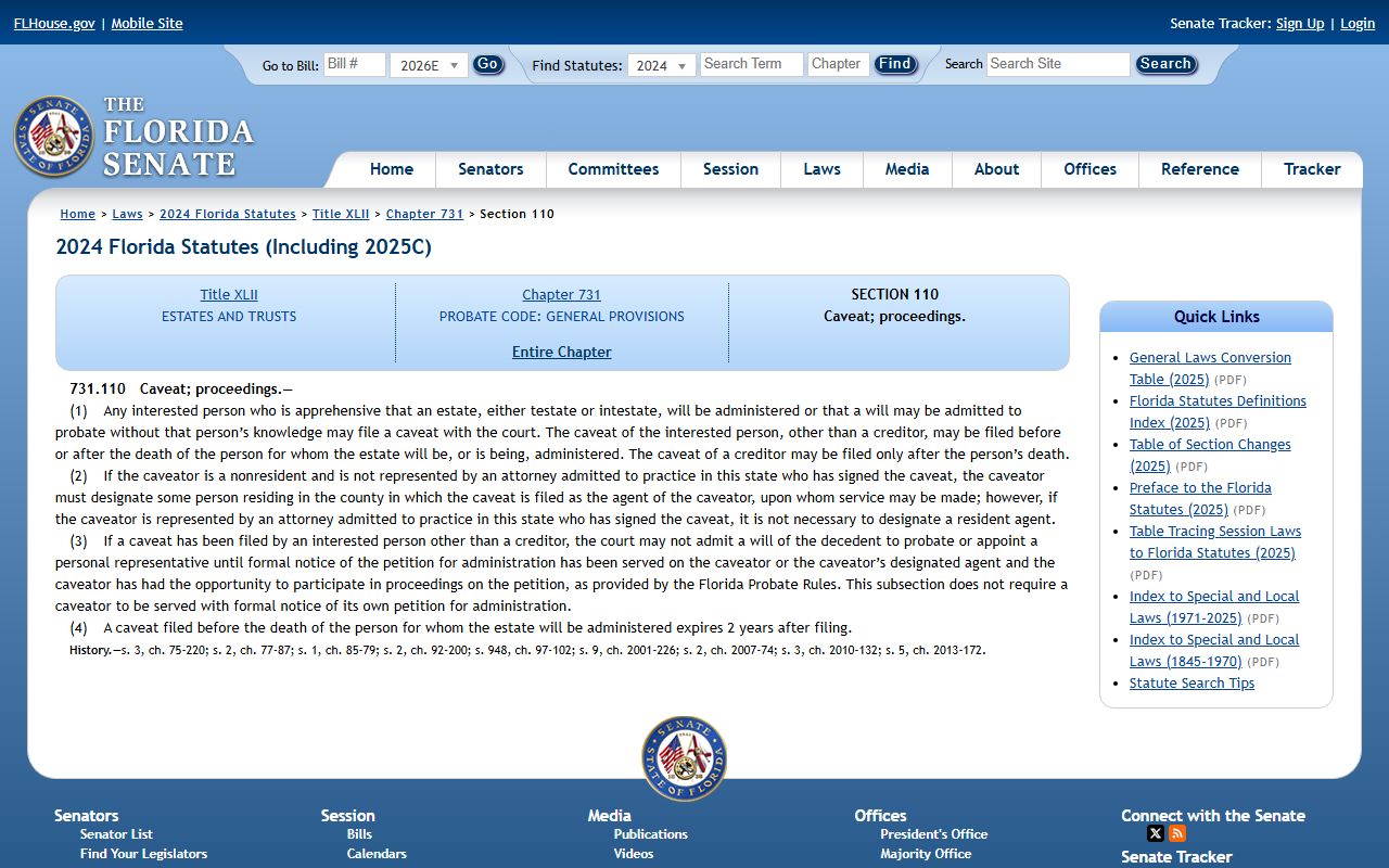 Florida Statutes 731.110 probate caveat rule for Duval County probate records