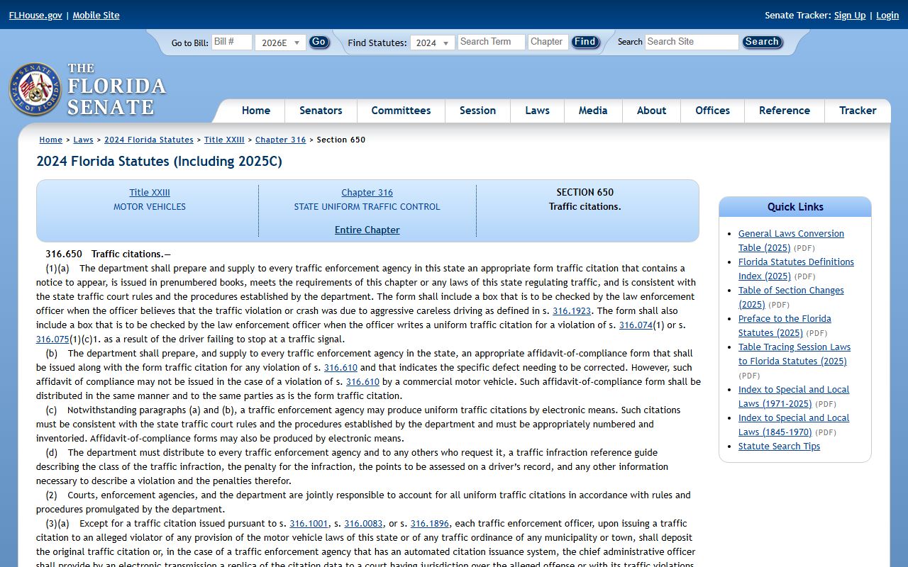 Florida Statutes 316.650 traffic citations rules for Duval County